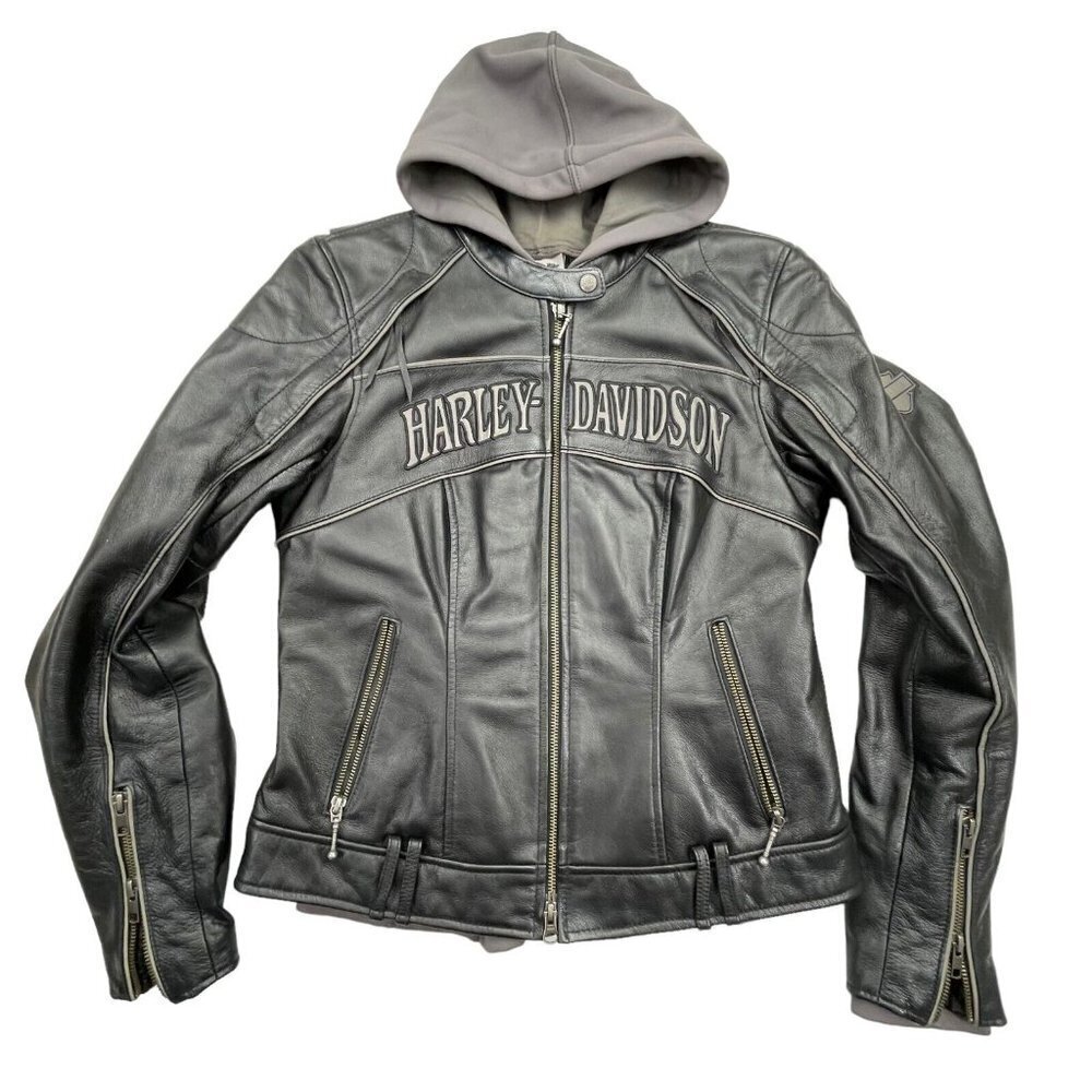 Harley Davidson Women Reflective Willie G Skull Leather Jacket W/ Hoodie EUC S﻿﻿ - Picture 2 of 6